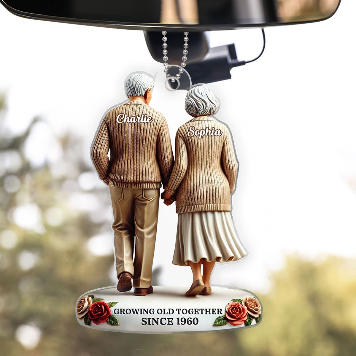 Old Couple Holding Hands Walking Together Personalized Car Hanger Ornament, Heartfelt Gift For Couple, For Him, For Her, Husband, Wife