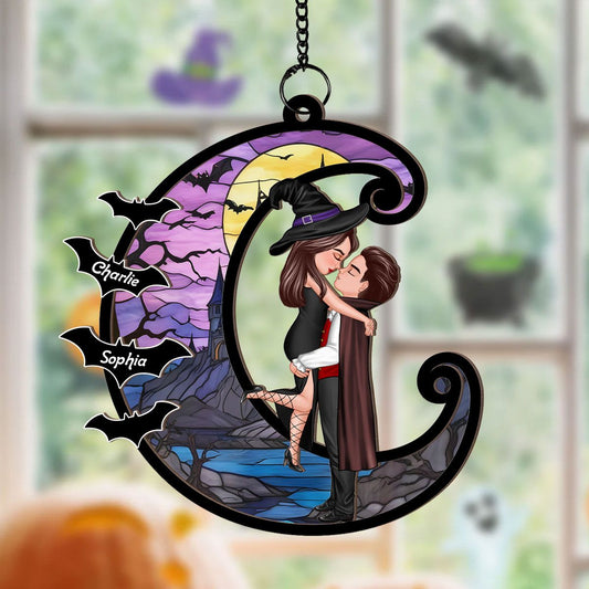 Halloween Couple Hugging Kissing On Moon Personalized Suncatcher, Halloween Decor