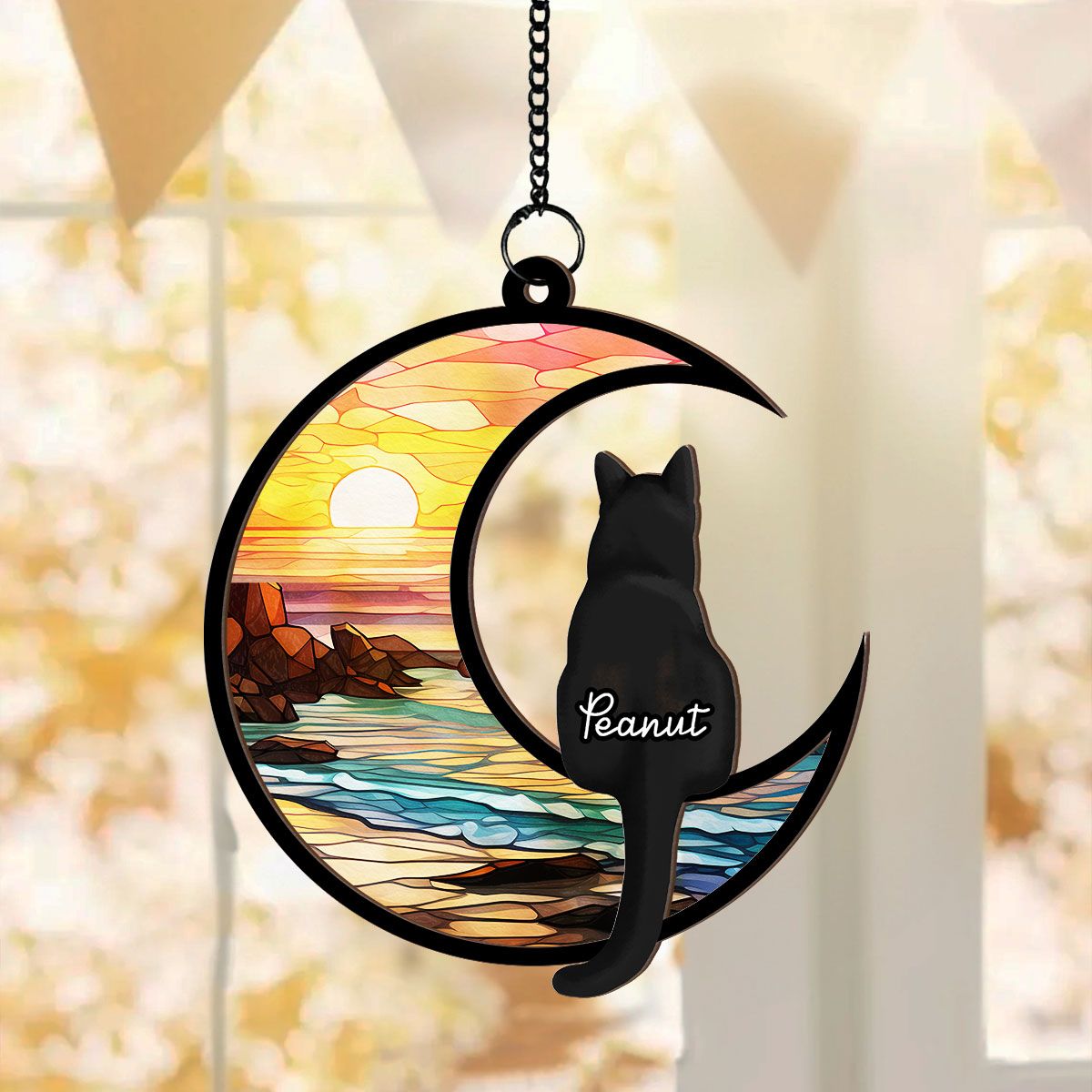 Cats On Moon Personalized Window Hanging Suncatcher, Halloween Decor For Cat Lovers