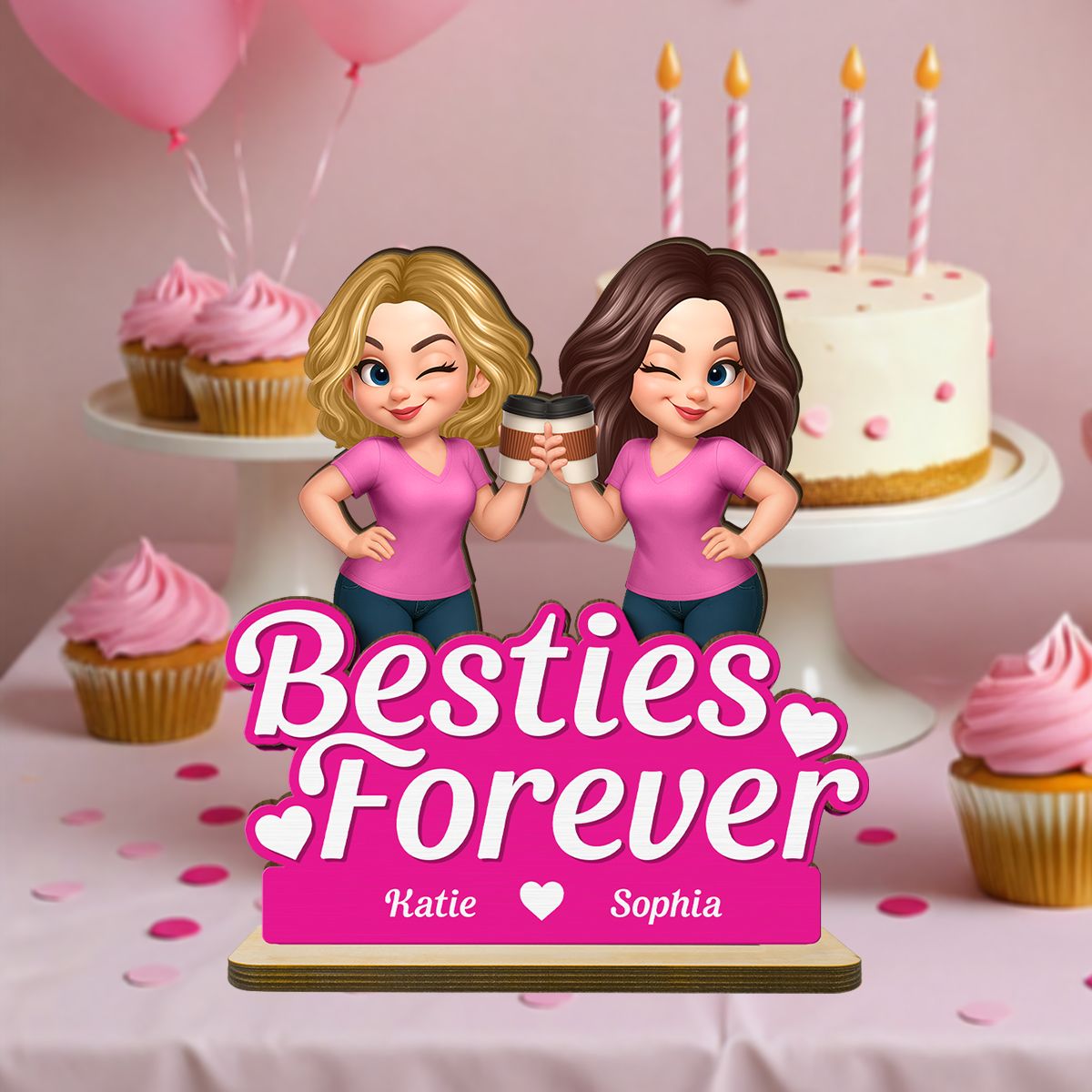 Beautiful Besties Pink Tone Personalized Flat 2-Layer Standing Wooden Plaque