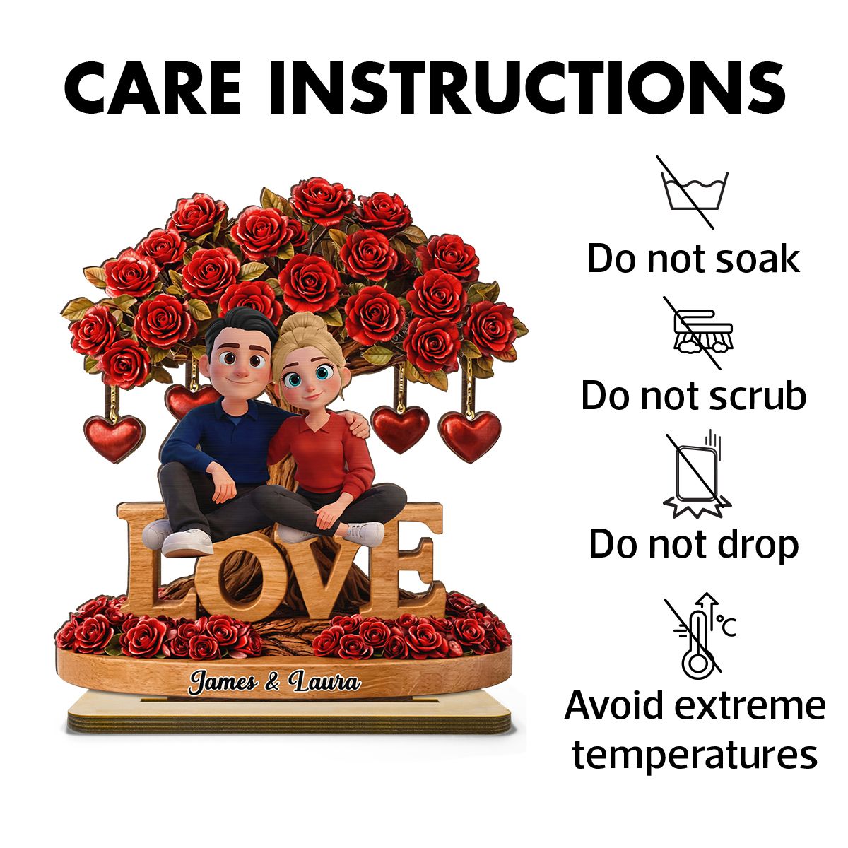 Couple Love Rose Tree Valentine's Day - Personalized 2-Layered Wooden Plaque - Sentimental Gift for Her, for Him