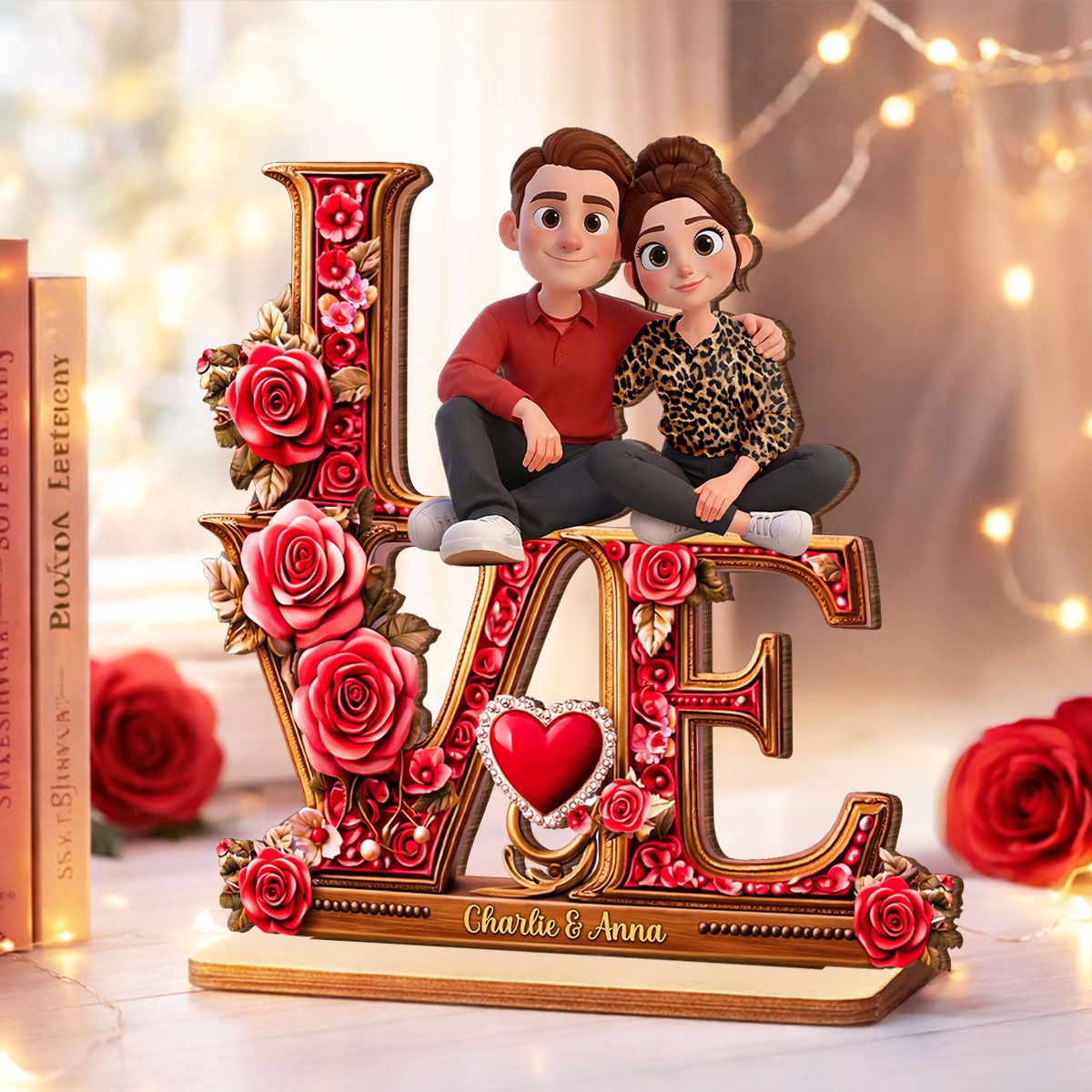 Couple Heart Rose Love - Personalized 2-Layered Wooden Plaque - Heartfelt Valentine's Day Gift for Her, for Him