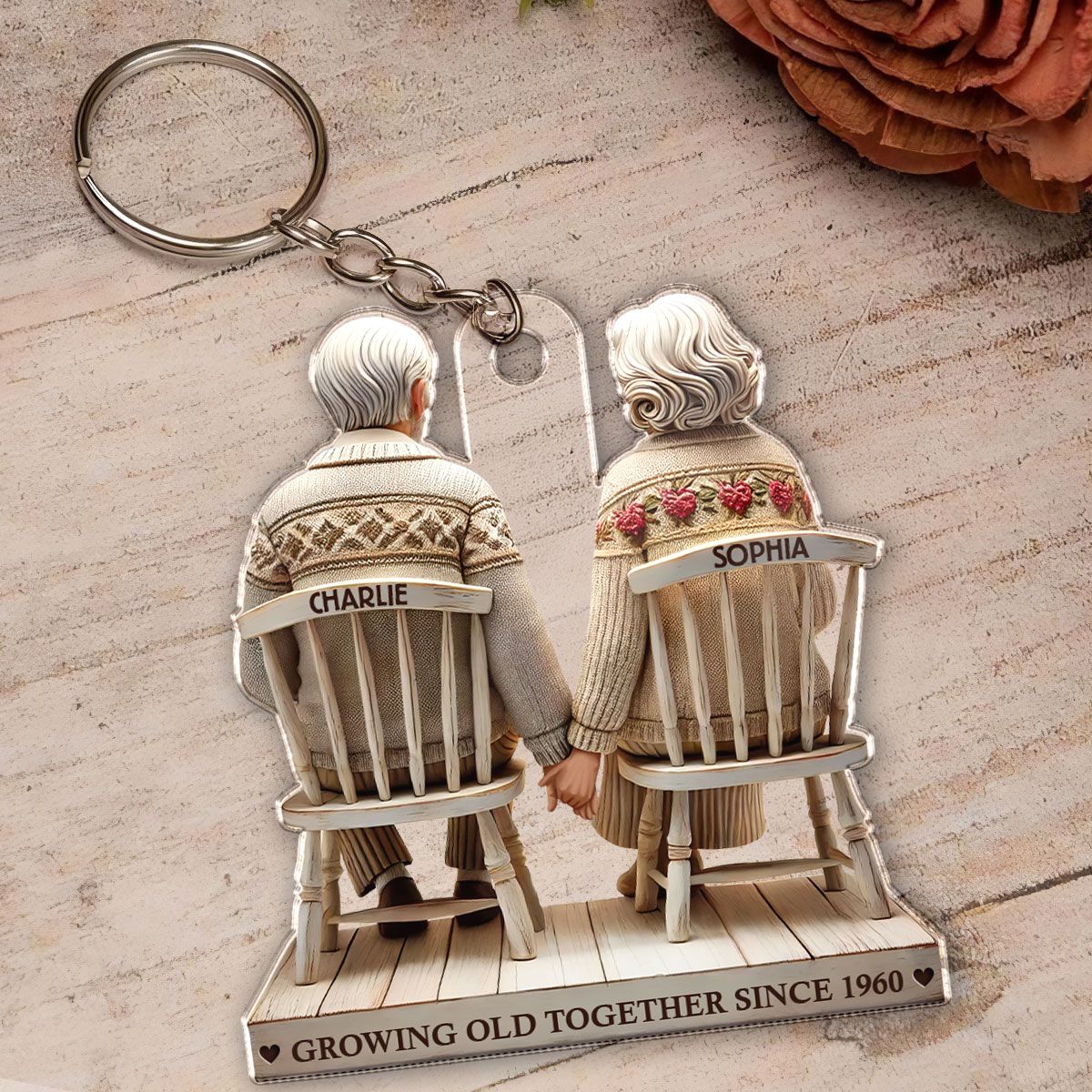 Old Couple Holding Hands Sitting Together Personalized Keychain, Heartfelt Gift For Couple, For Him, For Her, Husband, Wife