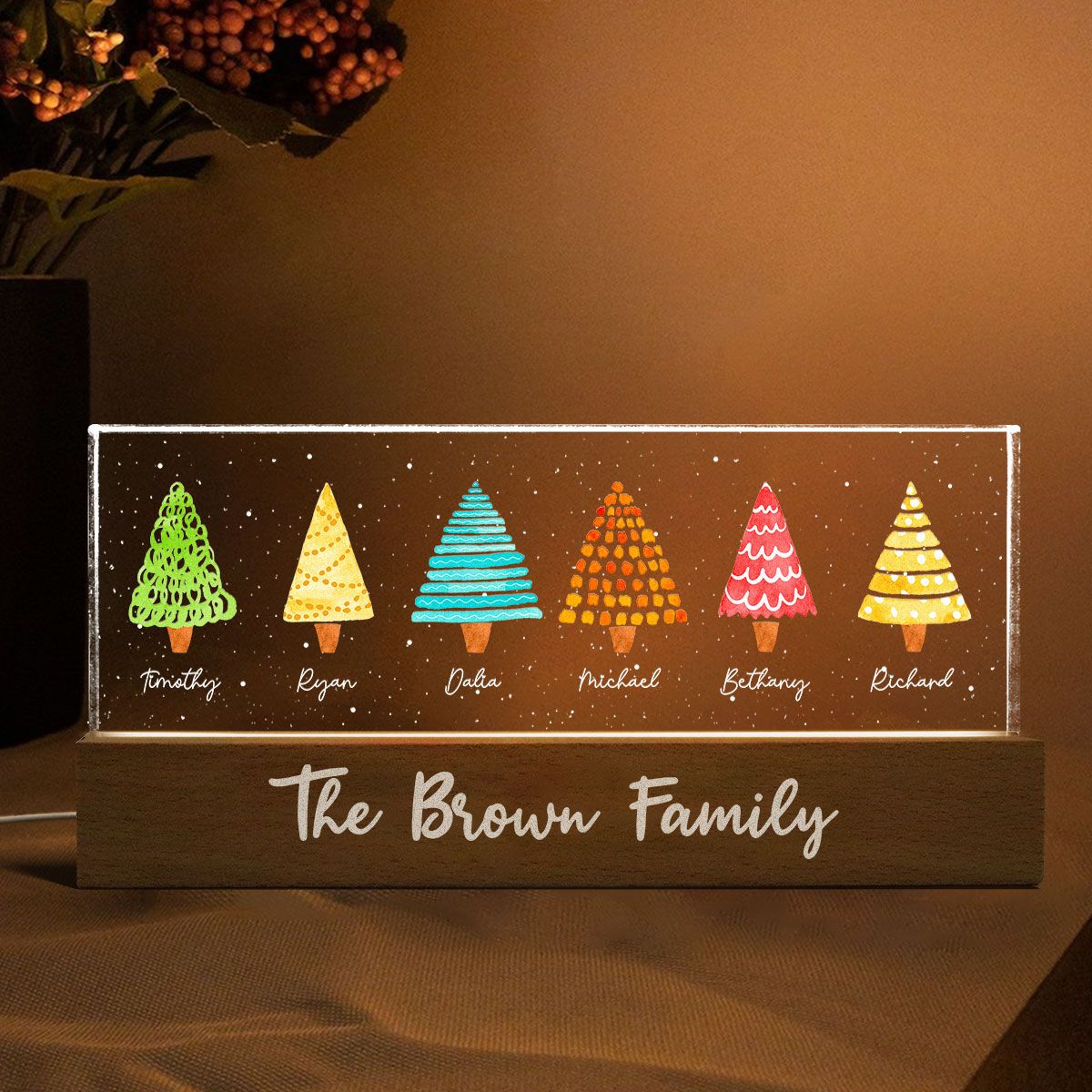 Colorful Christmas Tree Family Personalized Acrylic Block LED Night Light