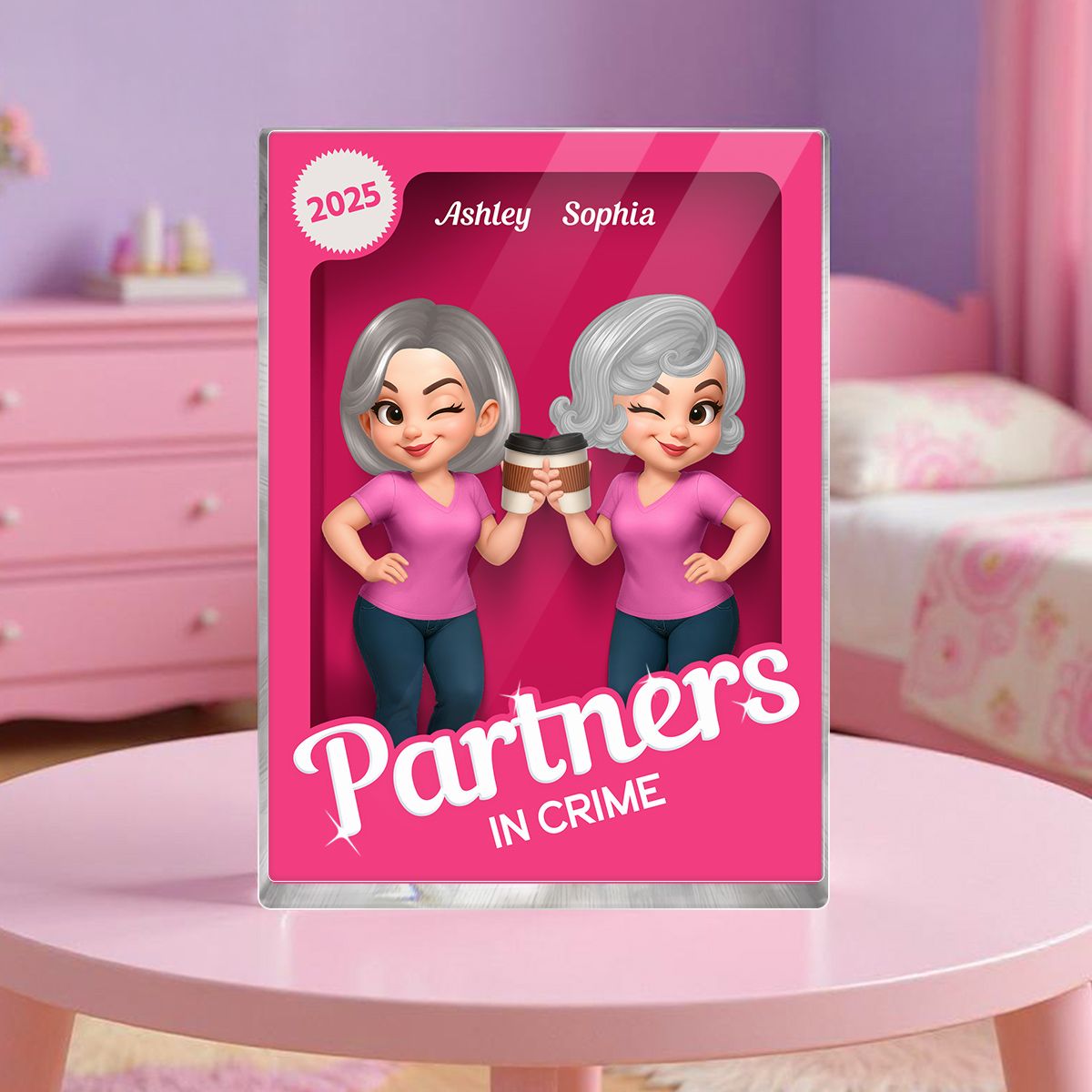Besties Forever Pink Action Figure 3D Effect Personalized Acrylic Block, Meaningful Gift For Best Friend