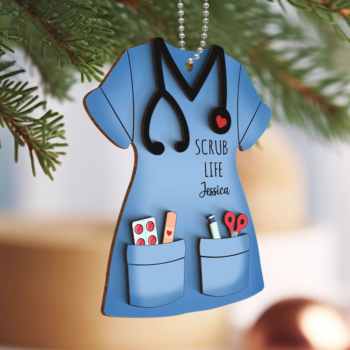 Nurse Scrub Life Personalized 2-Layer Wooden Ornament, Medical Christmas Ornament Gift For Nurses