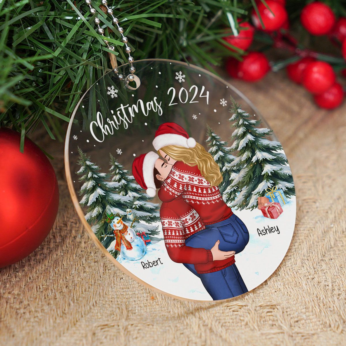 Couple Hugging In Winter Night Christmas Tree Personalized Acrylic Ornament, Christmas Gift For Him, Gift For Her