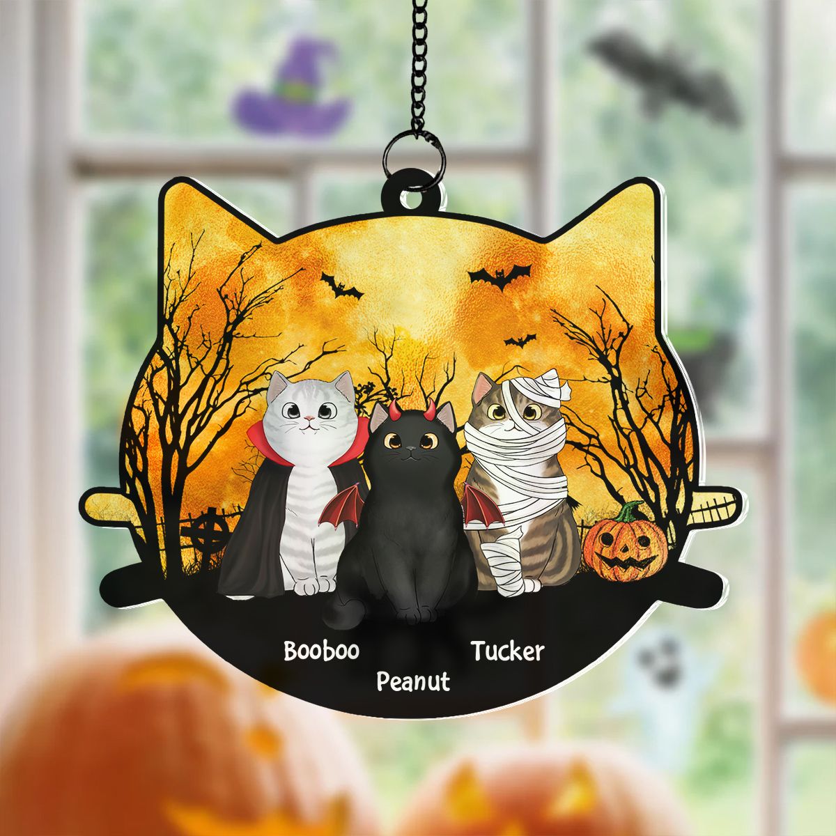 Halloween Cat Face Shaped Personalized Window Hanging Suncatcher Ornament, Halloween Decor For Cat Lovers