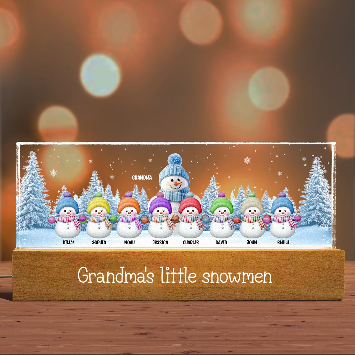 Grandma Grandkids Snowman Personalized Acrylic Block LED Night Light, Christmas Gift for Grandma