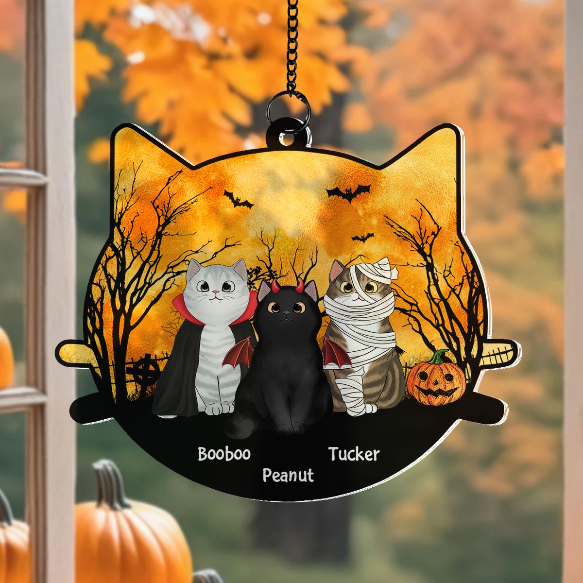 Halloween Cat Face Shaped Personalized Window Hanging Suncatcher Ornament, Halloween Decor For Cat Lovers