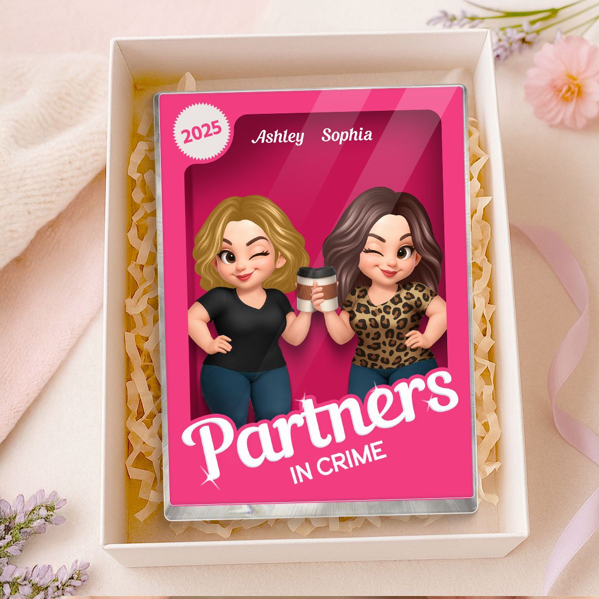 Besties Forever Pink Action Figure 3D Effect Personalized Acrylic Block, Meaningful Gift For Best Friend