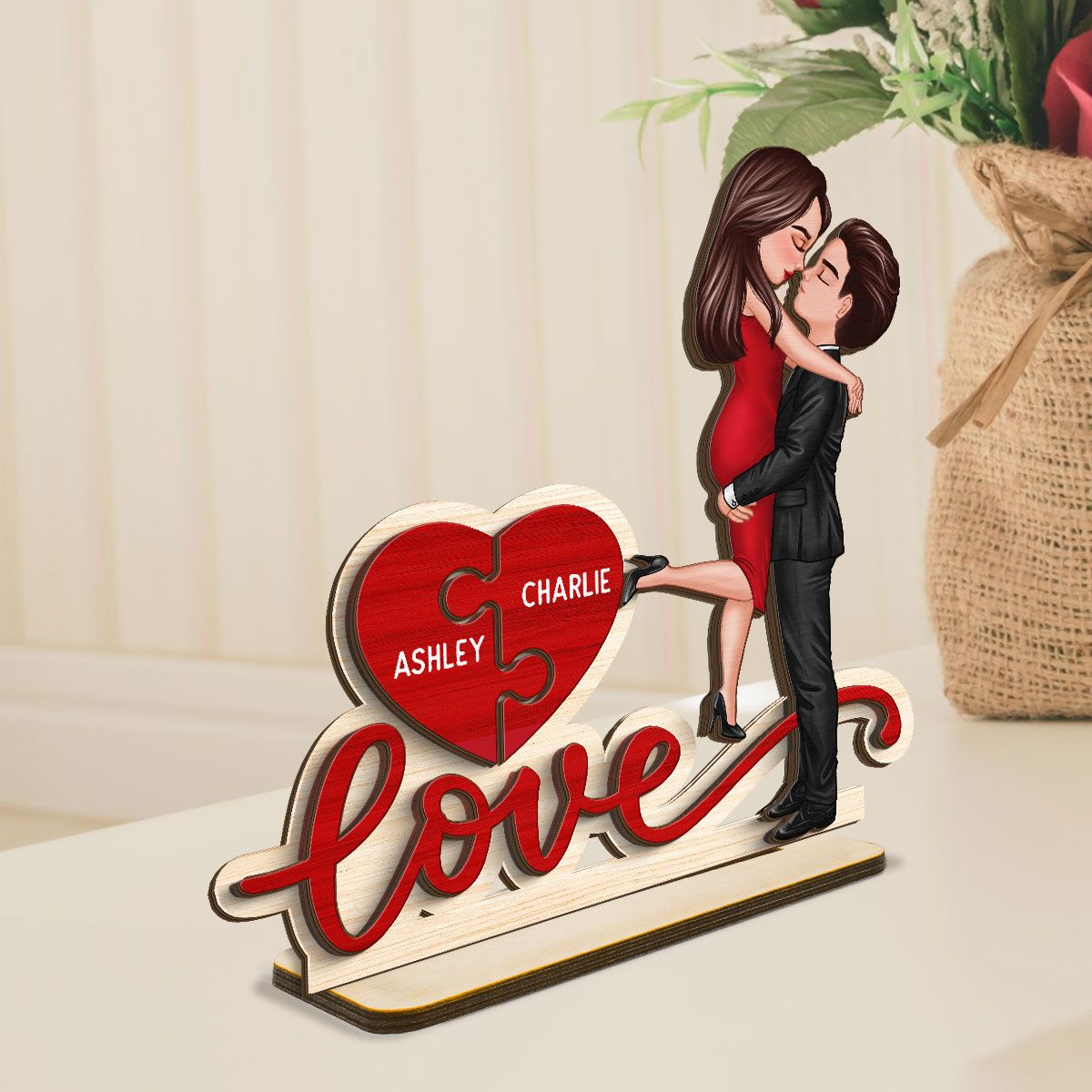 Couple Hugging Kissing Love Missing Piece Personalized 2-Layer Standing Wooden Plaque, Valentine's Day Gift For Him or Her