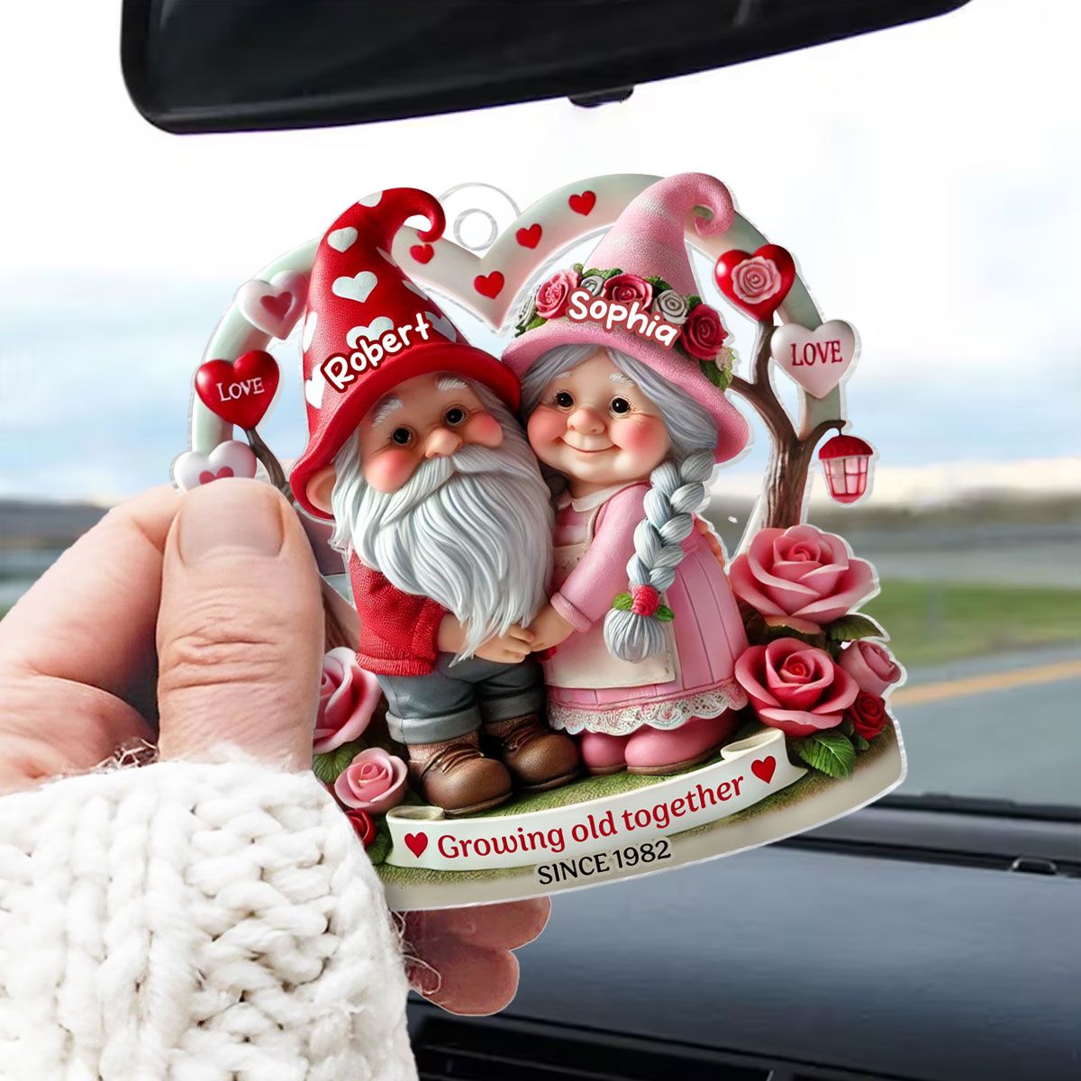 Gnome 3D Effect Old Couple Valentine's Day Gift for him, Gift for her, Personalized Acrylic Car Hanger