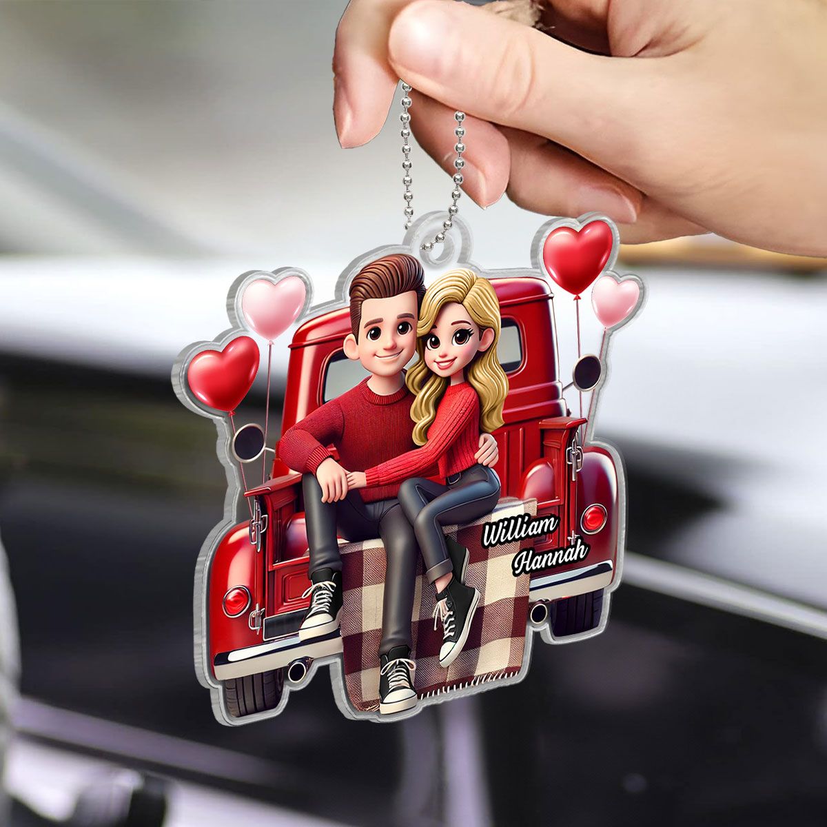 Couple Sitting On Red Truck Personalized Acrylic Car Hanger, Valentine's Day Gift, Anniversary Gift For Couples