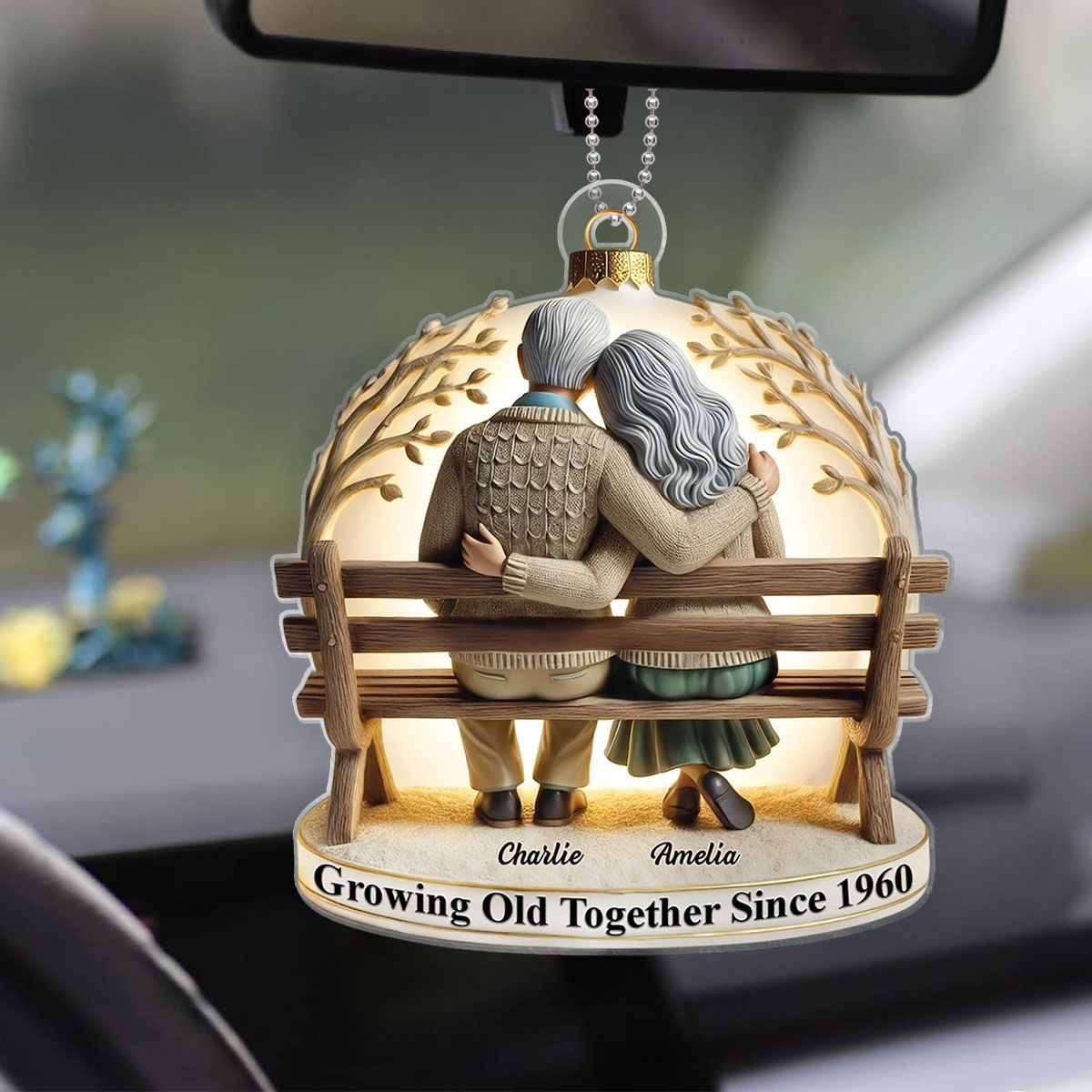 Old Couple Sitting On Bench Together Personalized Car Hanger Ornament, Heartfelt Gift For Couple, For Him, For Her, Husband, Wife