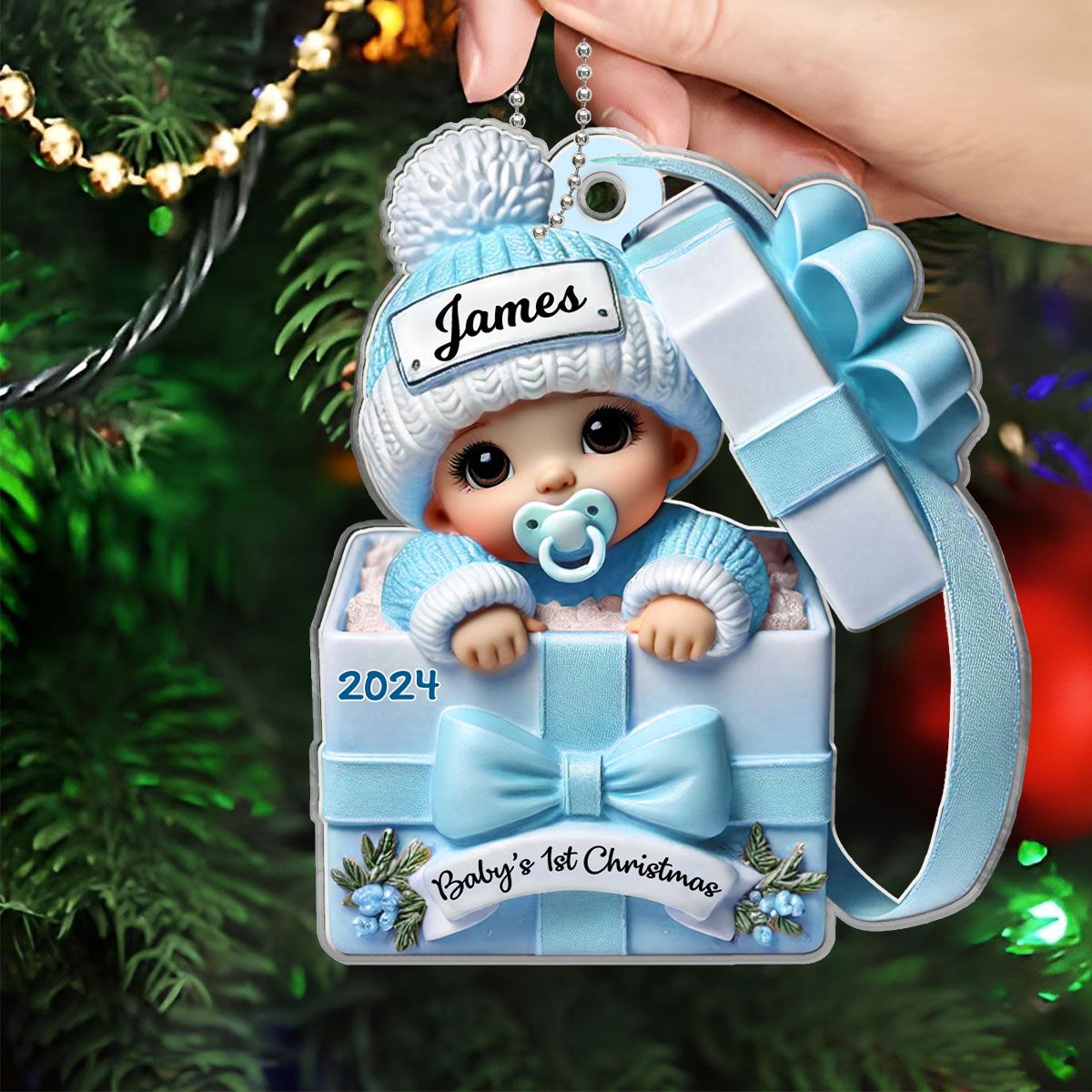 Baby Inside Gift Box Personalized Acrylic Ornament, Lovely Keepsake to Celebrate Baby's First Christmas