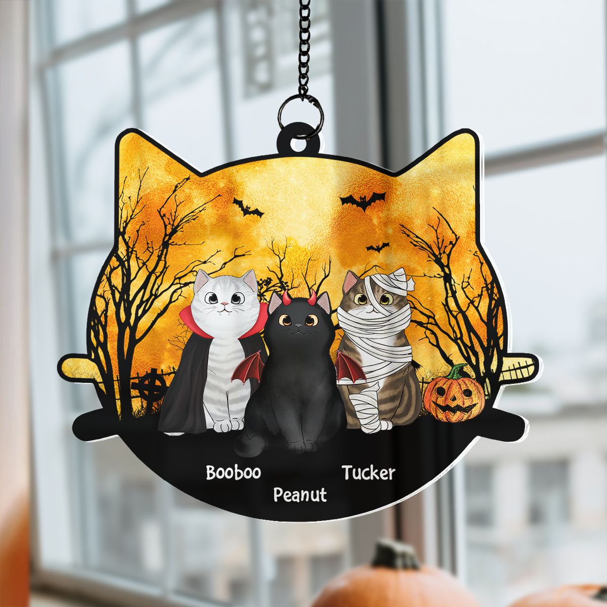 Halloween Cat Face Shaped Personalized Window Hanging Suncatcher Ornament, Halloween Decor For Cat Lovers