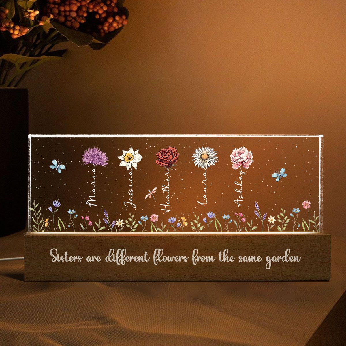 Sisters Besties Are Different Flowers From The Same Garden Personalized Acrylic Block LED Night Light