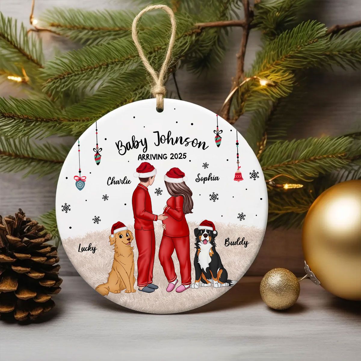 Personalized Pregnancy Ornament, Expecting Family Christmas Personalized Circle Ceramic Ornament, New Mom Christmas Gift