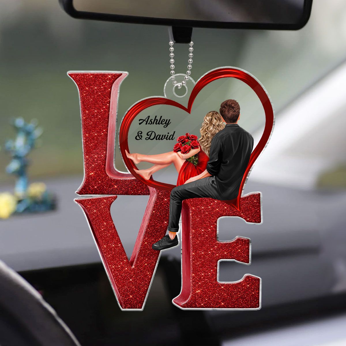 LOVE Couple Heart Car Hanger Ornament, Personalized Couple Decoration Keepsake For Valentine's Day, Special Gift For Her, For Him