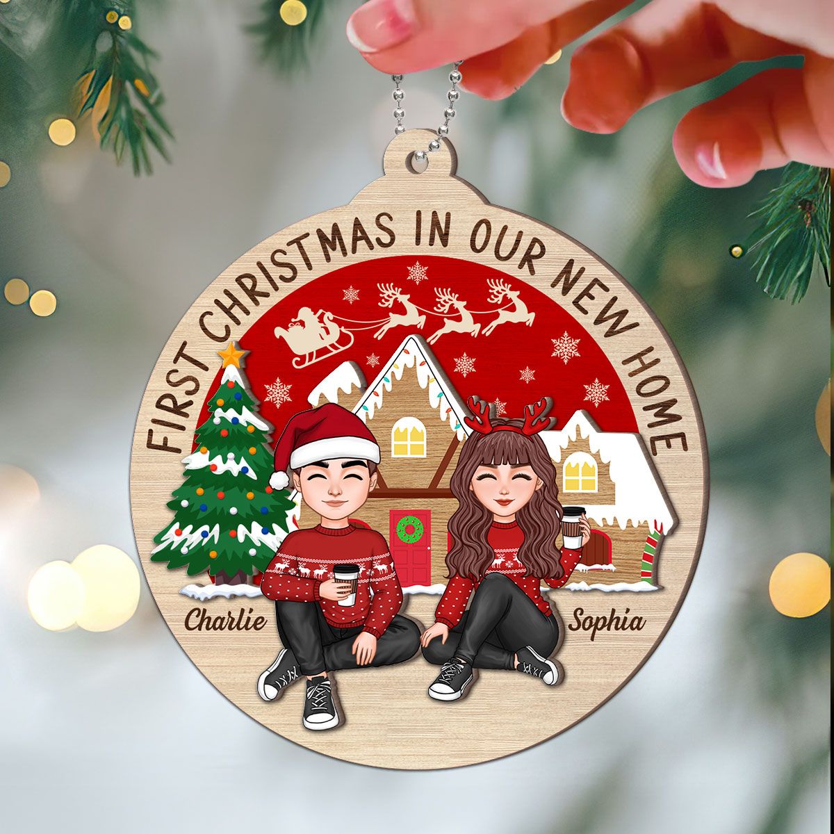 First Christmas In Our New Home Couple Sitting Personalized 2-Layer Ornament