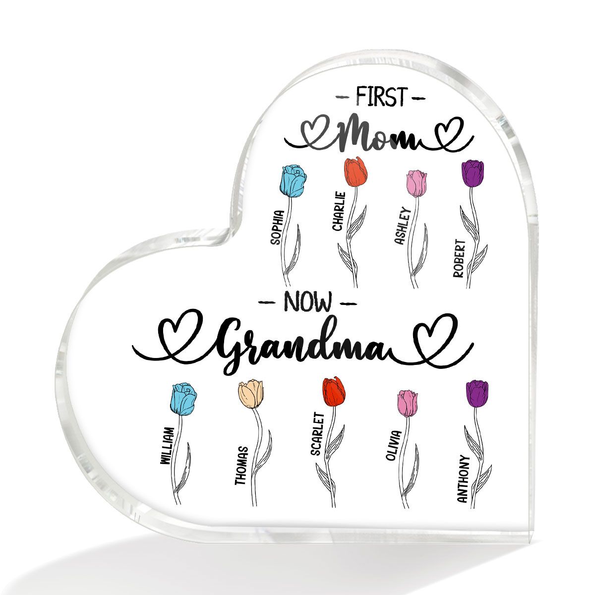 First Mom Now Grandma Tulip Flowers Personalized Heart Acrylic Block Plaque