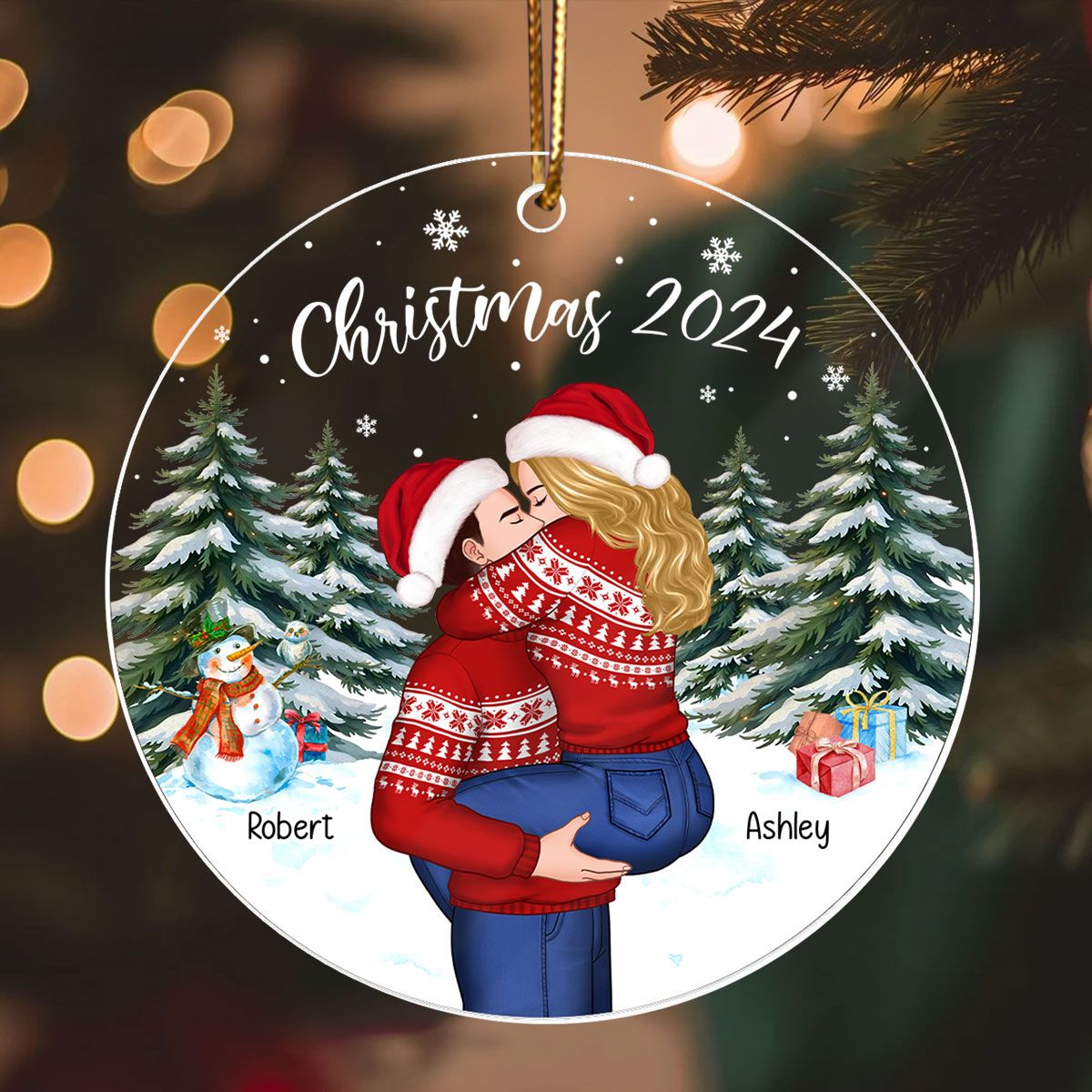 Couple Hugging In Winter Night Christmas Tree Personalized Acrylic Ornament, Christmas Gift For Him, Gift For Her