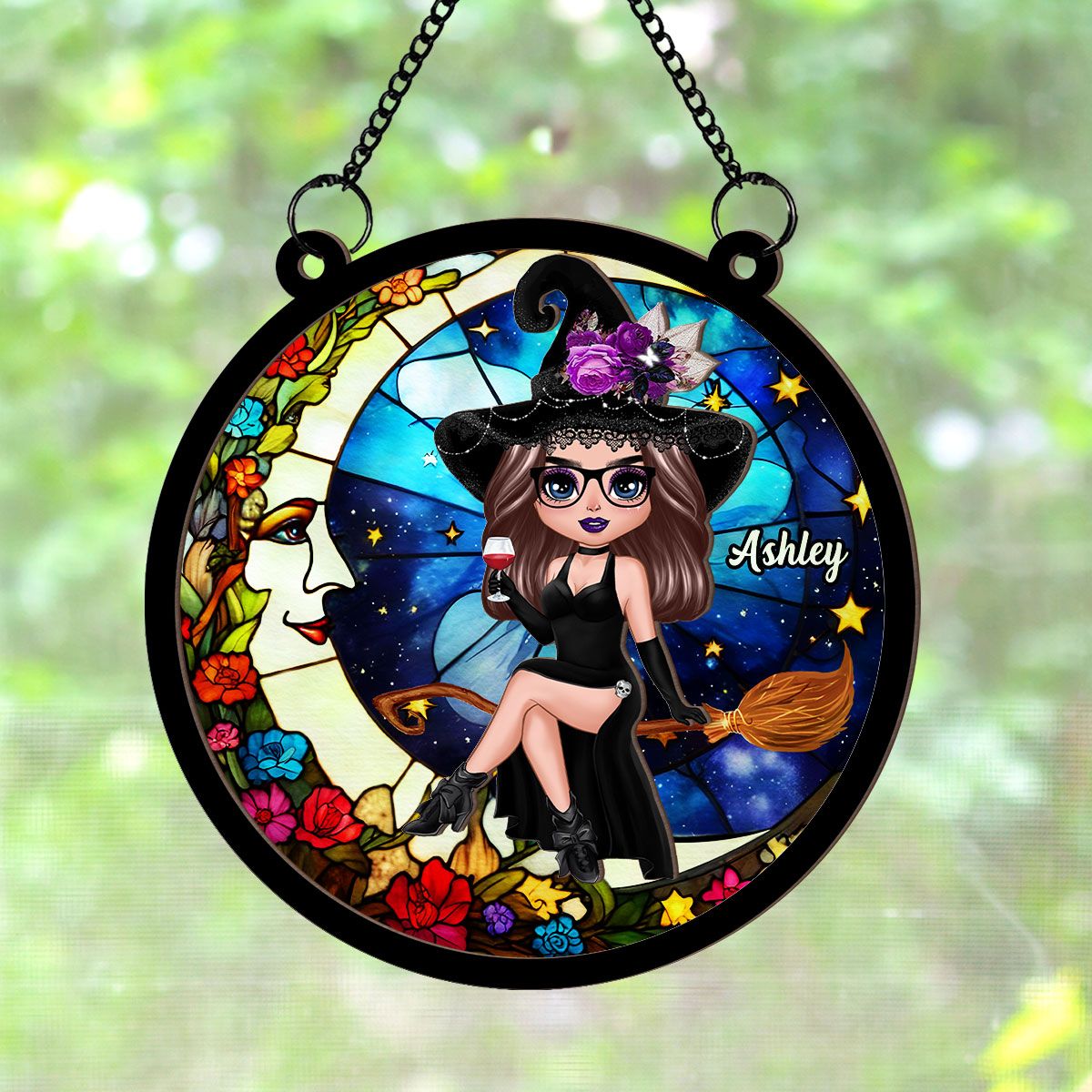 Witch And Moon Personalized Suncatcher, Window Hangings, Halloween Decor, Gift For Witch Lovers