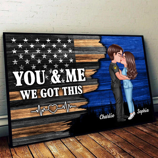 Hero Couple Kissing Half Flag Gifts by Occupation Firefighter, Nurse, Police Officer Personalized Horizontal Poster