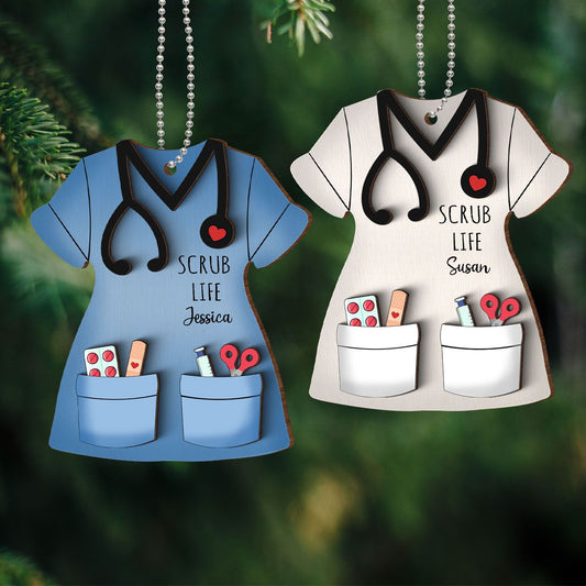 Nurse Scrub Life Personalized 2-Layer Wooden Ornament, Medical Christmas Ornament Gift For Nurses