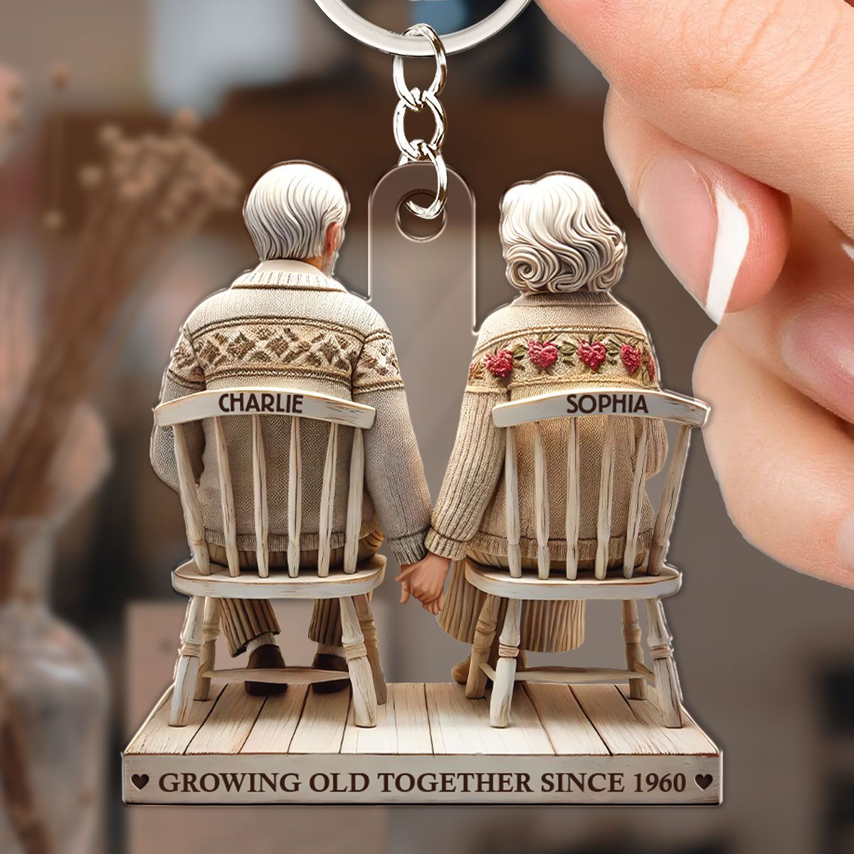 Old Couple Holding Hands Sitting Together Personalized Keychain, Heartfelt Gift For Couple, For Him, For Her, Husband, Wife