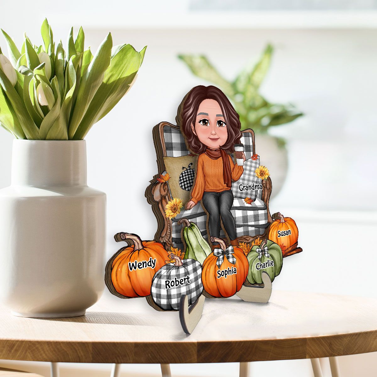 Grandma Sitting On Chair Pumpkins Personalized 2-Layer Wooden Plaque