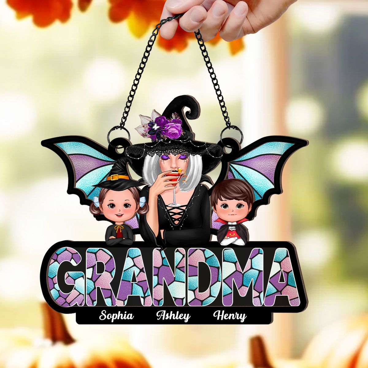 Halloween Grandma And Grandkids On Text Personalized Suncatcher