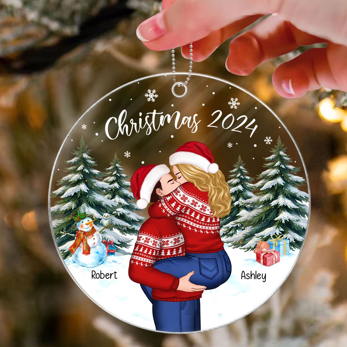 Couple Hugging In Winter Night Christmas Tree Personalized Acrylic Ornament, Christmas Gift For Him, Gift For Her