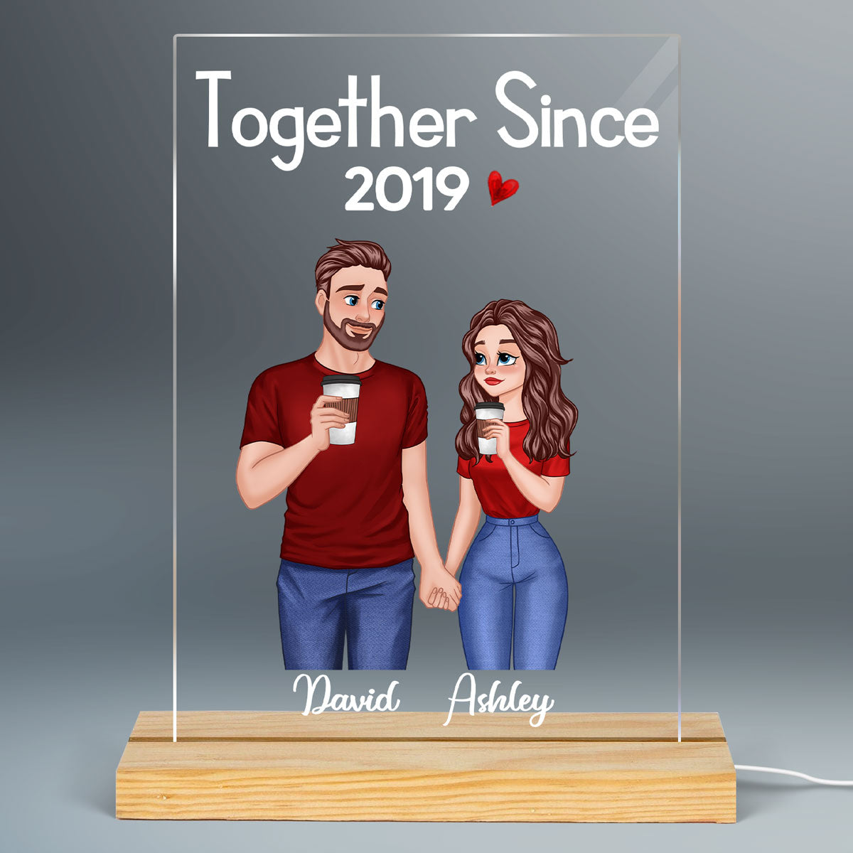 Cartoon Couple Hand In Hand Gift For Him Gift For Her Personalized Rectangle Acrylic Plaque With LED Night Light