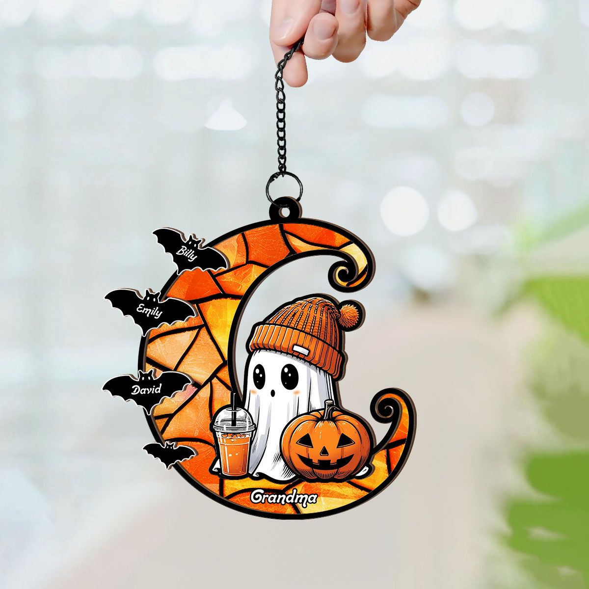 Halloween Grandma Boo & Bats Kids On Moon Personalized Suncatcher, Gift For Grandma