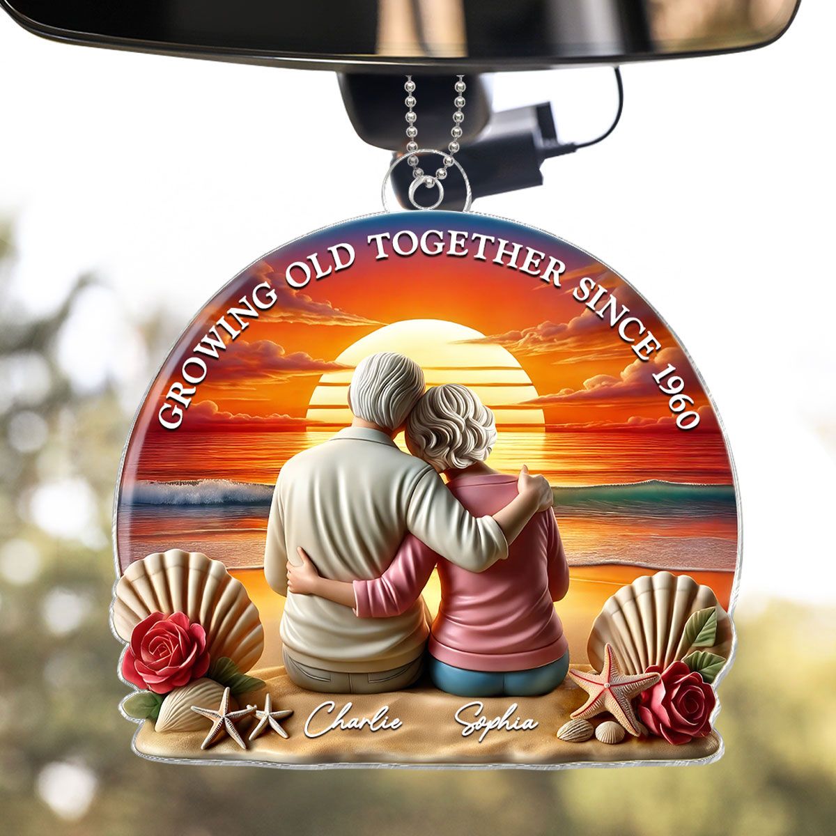 Old Couple Sitting Sunset Beach Landscape Personalized Car Hanger Ornament, Heartfelt Gift For Couple, For Him, For Her, Husband, Wife