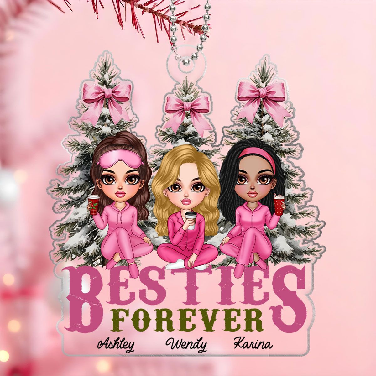 Besties Sisters Christmas Tree Pink Bow Personalized Acrylic Ornament