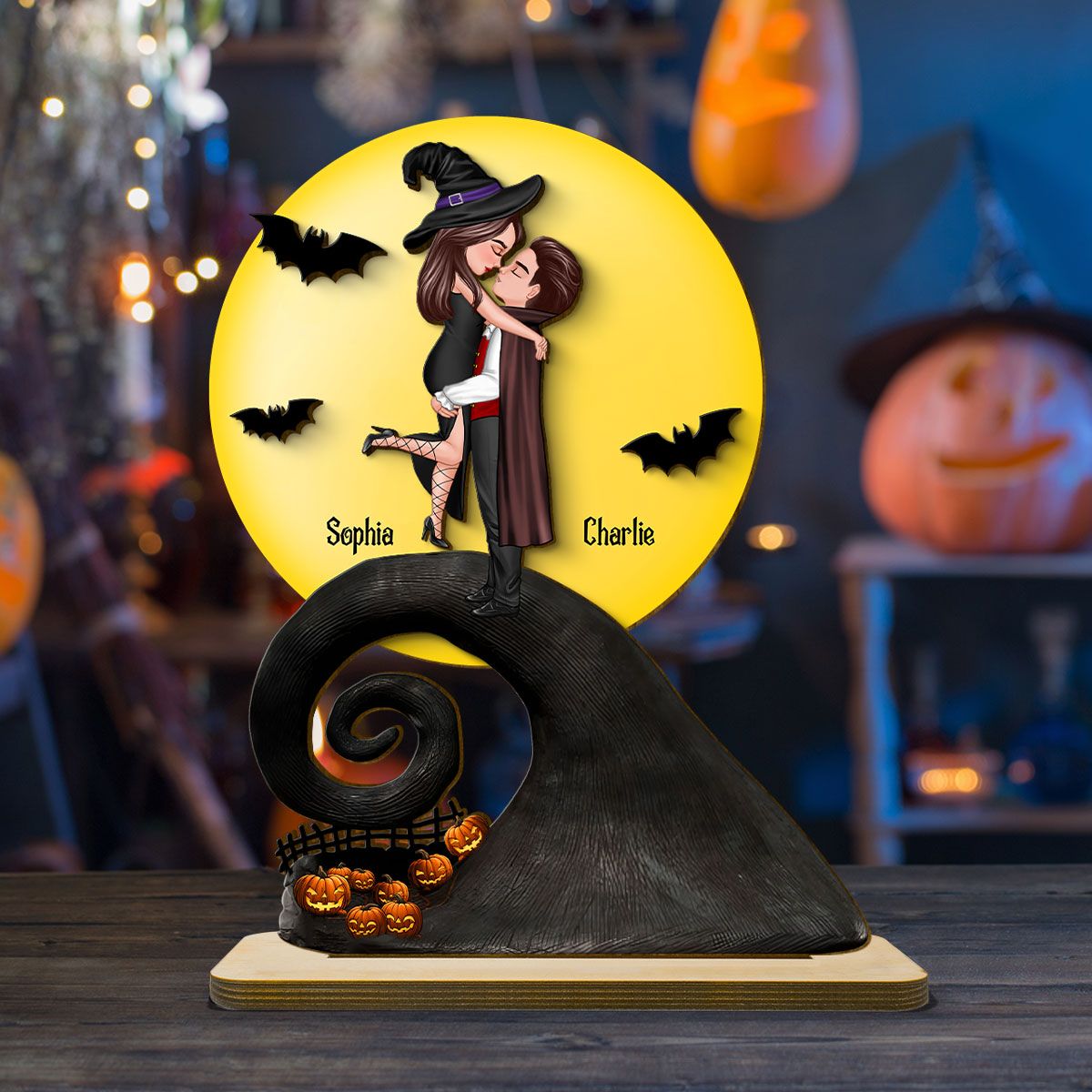 Halloween Couple Hugging Kissing On Cliff Personalized 2-Layer Standing Wooden Plaque, Gift for Her, Gift for Couple