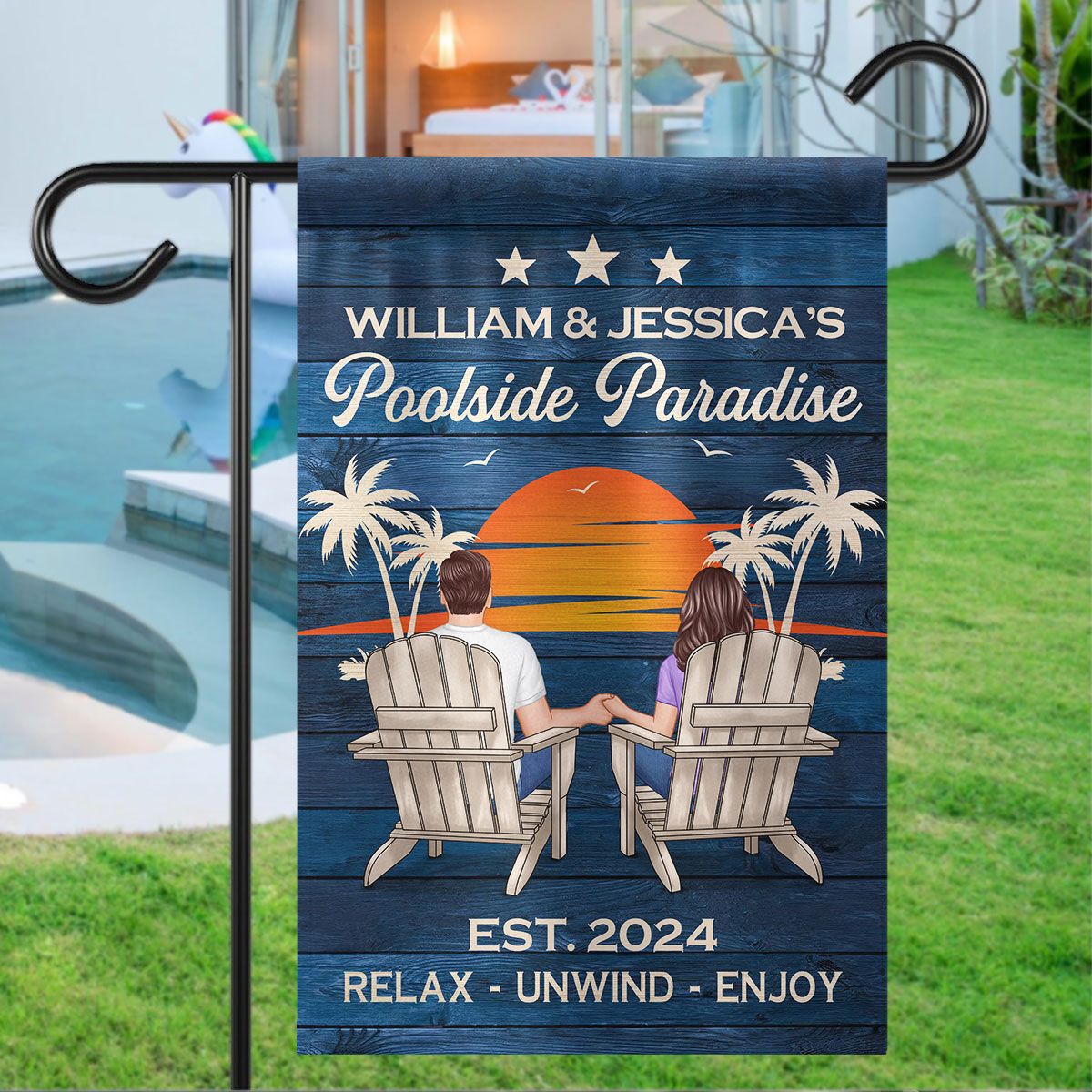 Swimming Pool Zone Decor Couple Sitting Personalized Flag, Housewarming, Birthday, Anniversary Gift for Him, Her