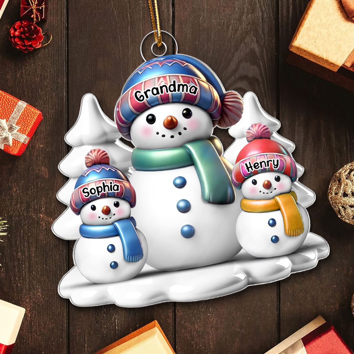 Winter Grandma & Grandkids Snowmen Christmas Personalized Acrylic Ornament, Christmas Gift For Grandma & Grandchildren