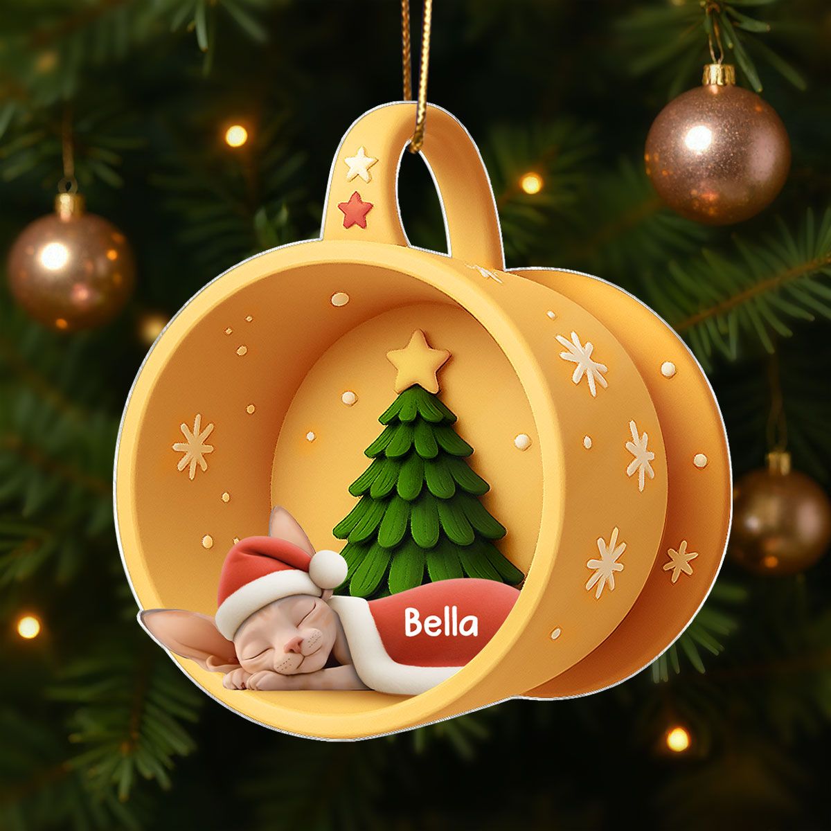 Christmas Sleeping Cats In Cozy Mug 3D Effect Personalized Acrylic Ornament