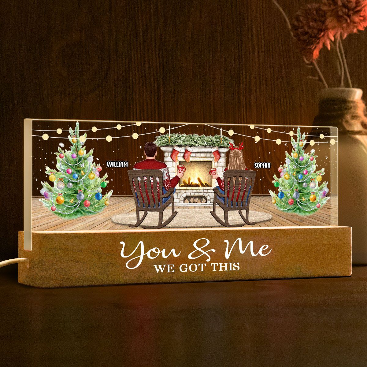 Christmas Couple Backview Fireplace Personalized Acrylic Block LED Night Light, Christmas Gift for Couples