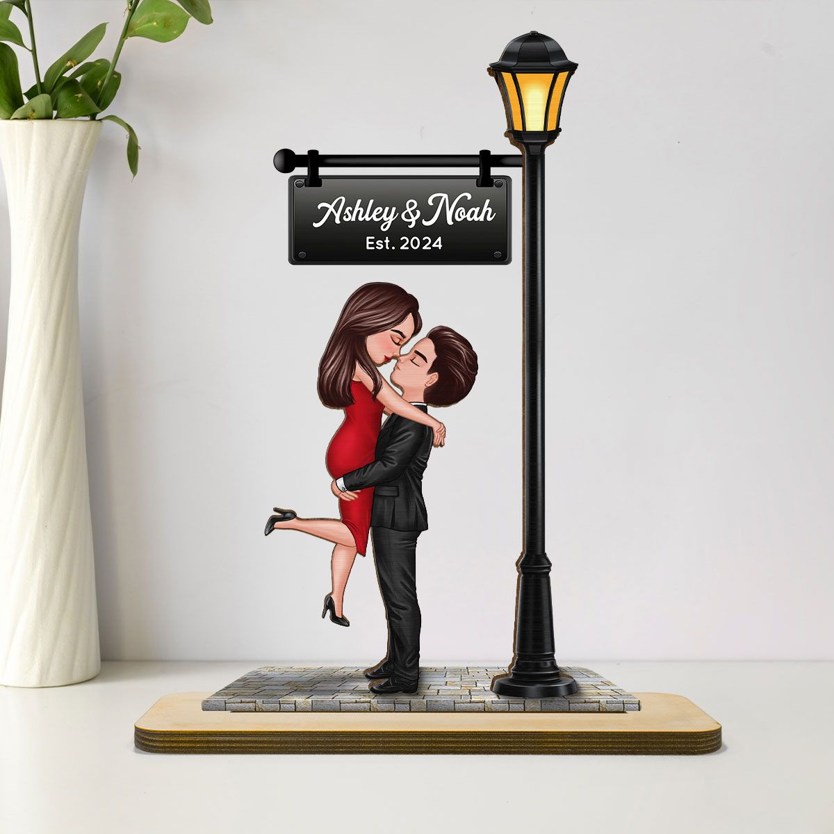 Couple Kissing Under Lamp Post Personalized 2-Layer Standing Wooden Plaque, Heartfelt Gift For Couple, For Him, For Her, Boyfriend, Girlfriend, Husband, Wife