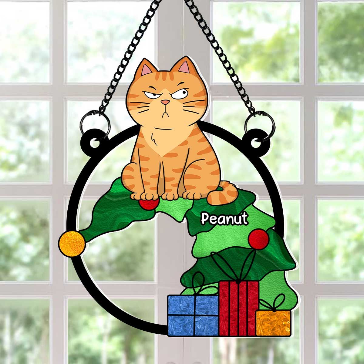 Funny Naughty Cat On Falling Christmas Tree Personalized Suncatcher, Christmas Decoration