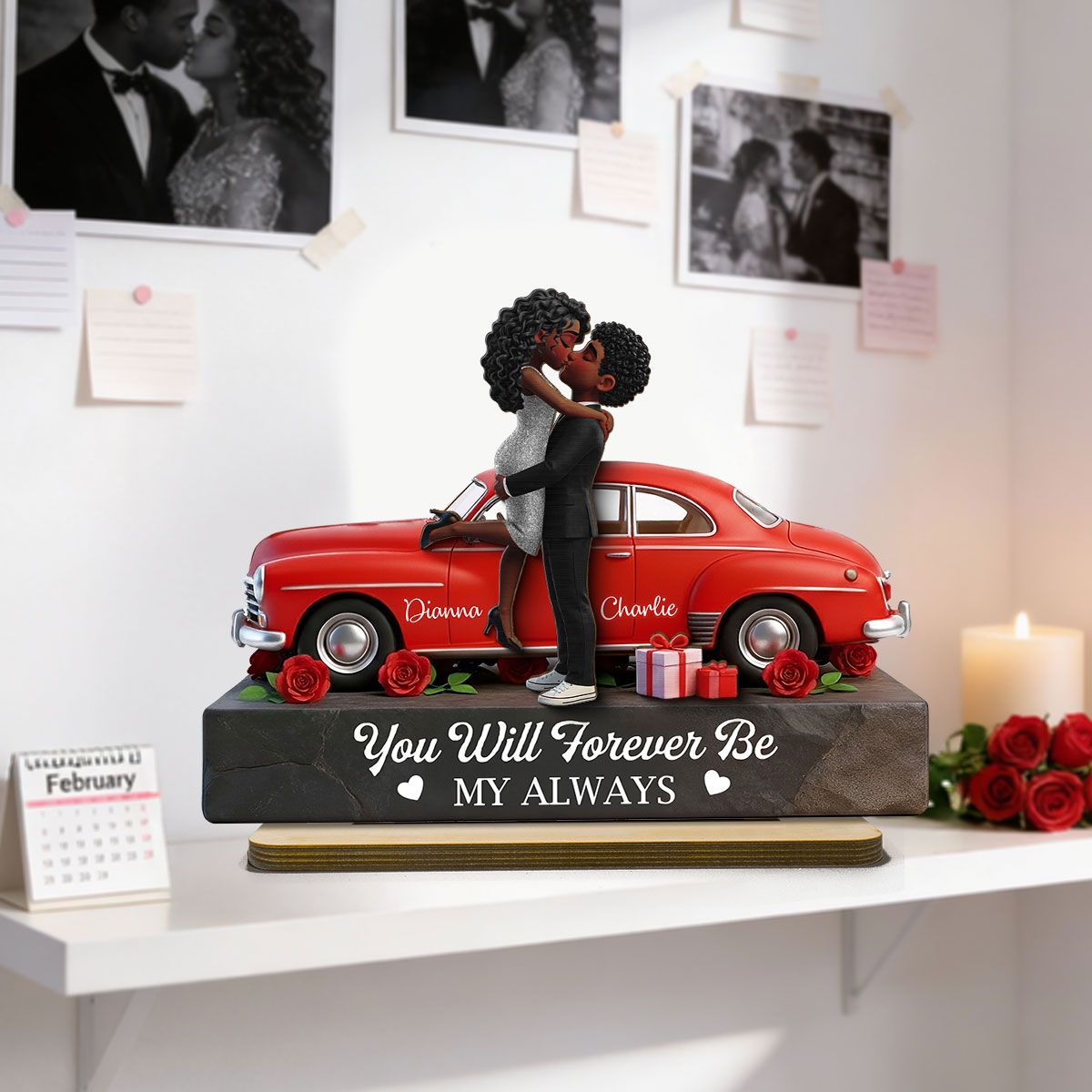 Romantic Couple Hugging Kissing Valentine Car - Personalized 2-Layered Wooden Plaque - Valentine's Day Gift For Couple