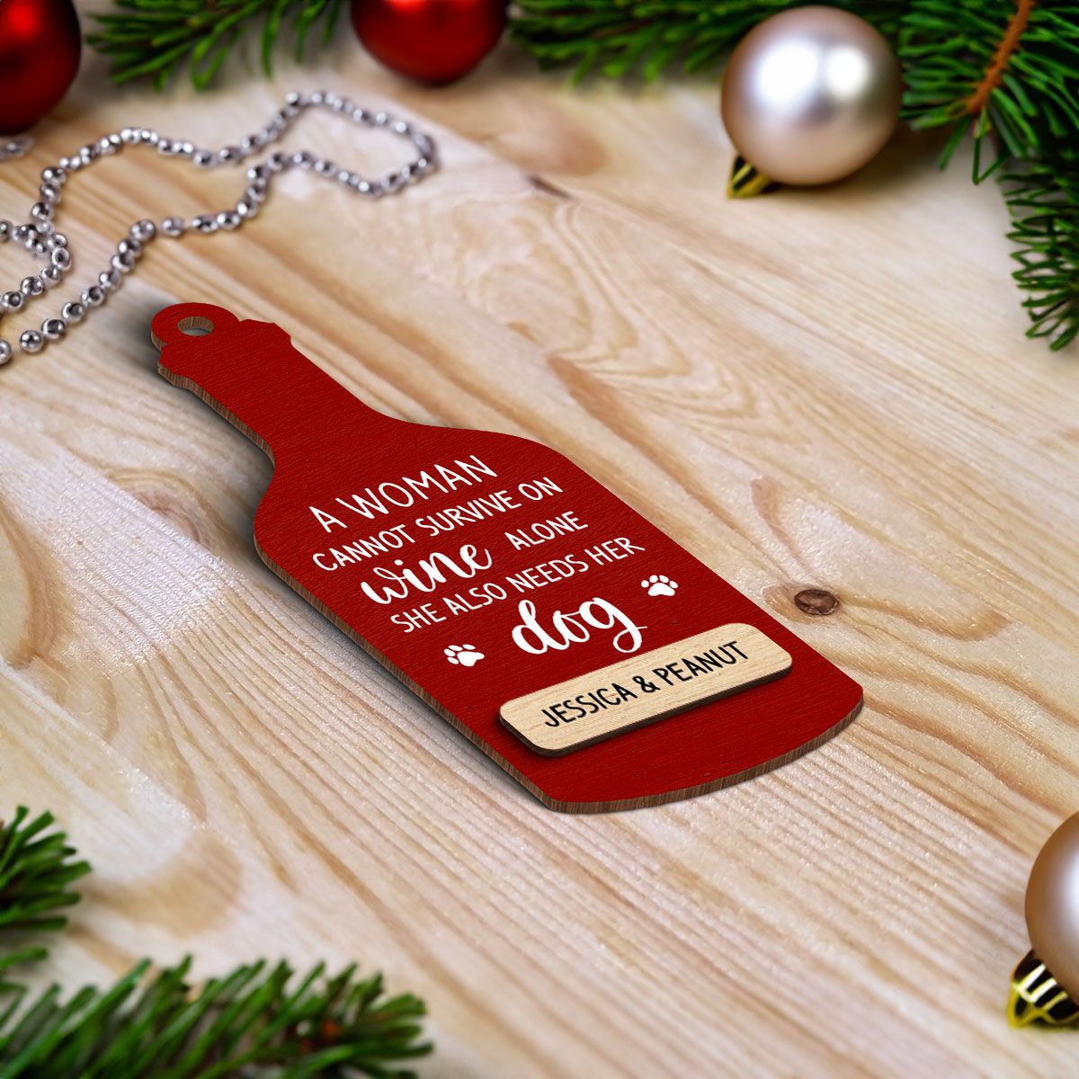 Woman Loves Wine and Dogs Personalized 2-Layered Wooden Ornament, Christmas Gift for Dog Moms