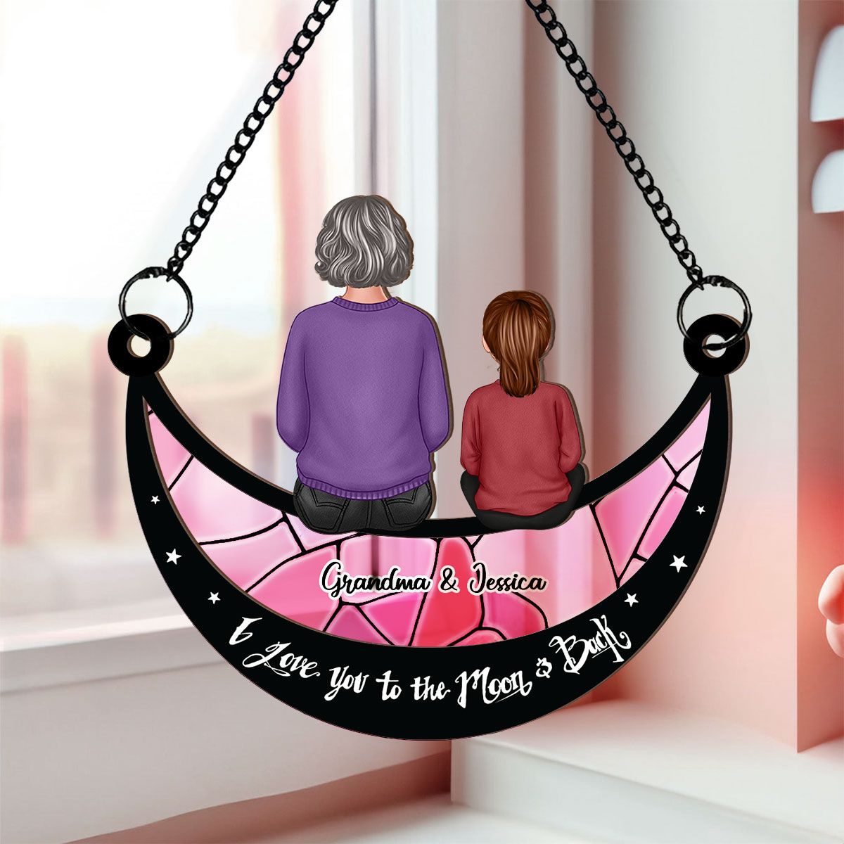 Grandma Grandkid On Moon Personalized Window Hanging Suncatcher Ornament, Christmas Gift For Granddaughter Grandson