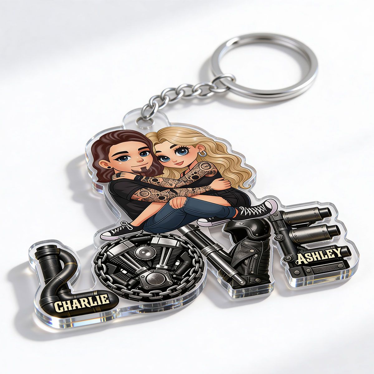 Biker Couple Together - Personalized Acrylic Keychain - Gift For Bikers, Gift For Him, For Her