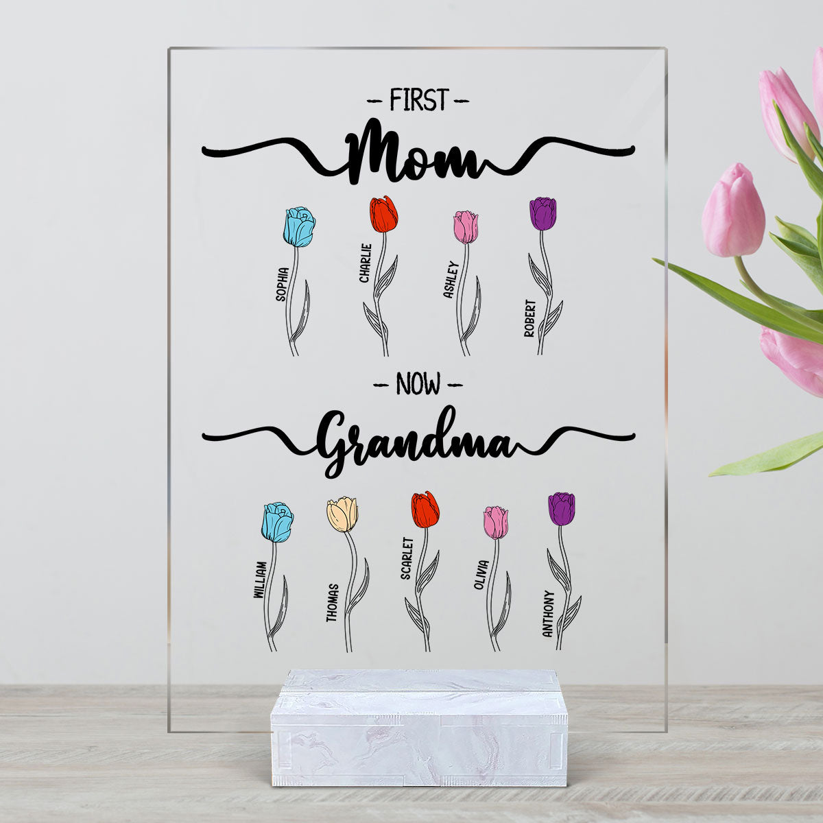 First Mom Now Grandma Tulip Flowers Personalized Acrylic Plaque